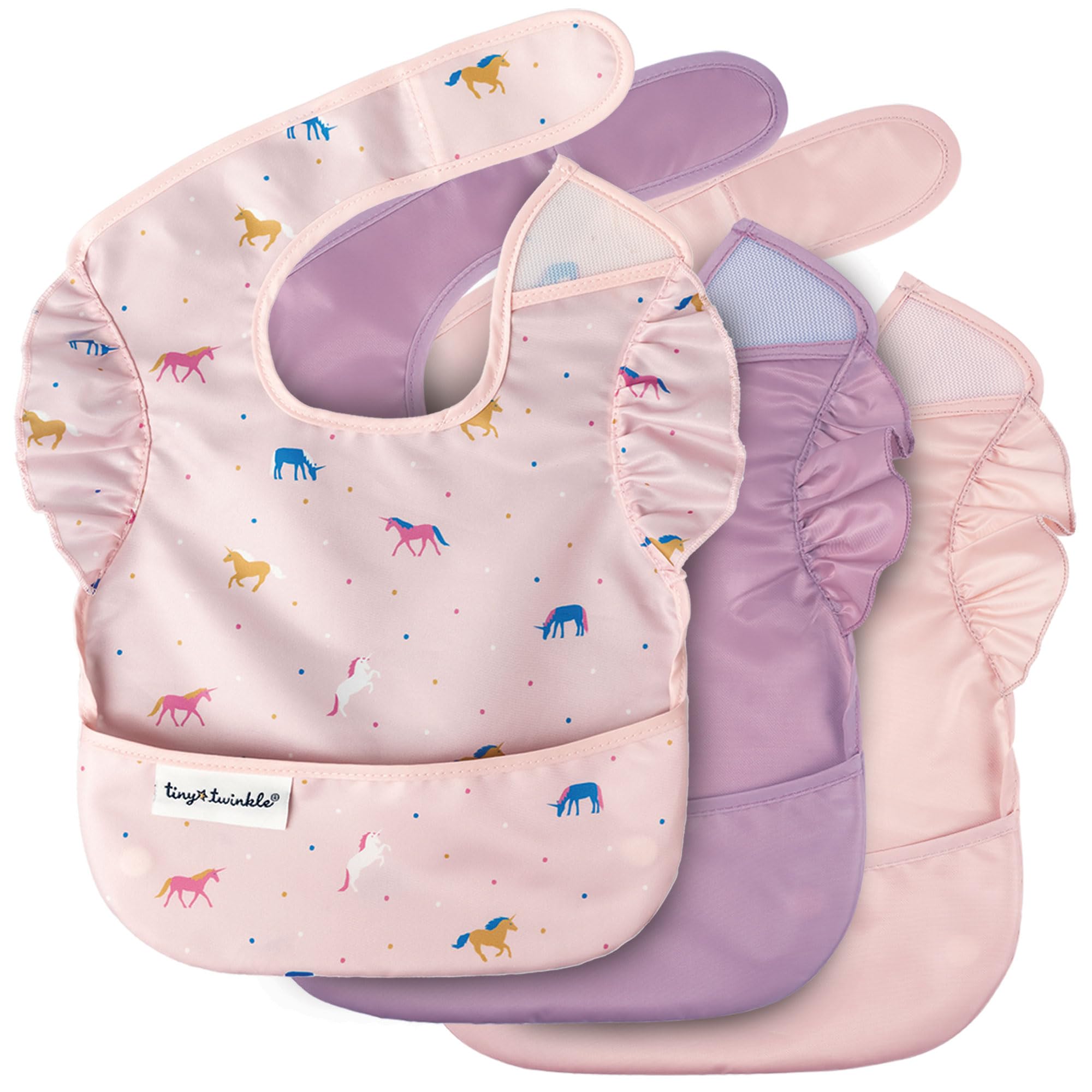 Photo 1 of Tiny Twinkle Mess-Proof Baby Bib - Waterproof Bib for Baby Girl - Machine Washable - Adjustable Closure - PVC, BPA, & Phthalate Free - Great for Travel - Baby Food Bibs (3 Pack, Unicorn Set)