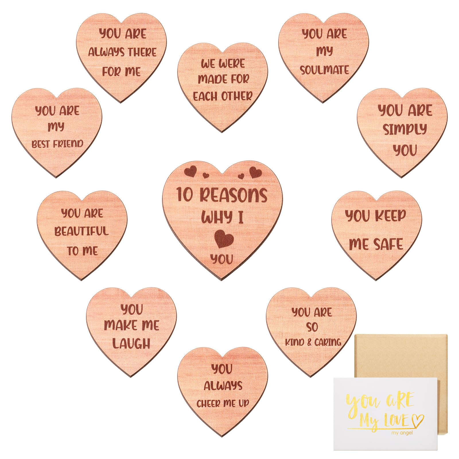 Queekay 10 Reasons Why I Love You Hearts Wooden Set Romantic Love You Gifts for Her Him Elegant Bow Gift Boxes Card for Wedding Anniversary Birthday Favor