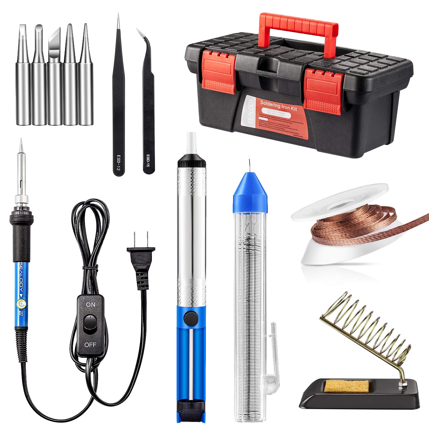 Soldering Iron Kit, Including 60W Temperature Control Soldering Iron with ON/OFF Switch, Tips, Solder Sucker, Desoldering Wick, Solder Wire, Anti-static Tweezers and Stand with Cleaning Sponge