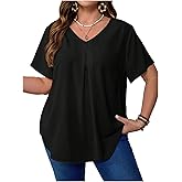 SweatyRocks Women's Plus Size Tops Pleated Short Sleeve V Neck Tunic Blouses Dressy Casual Shirt