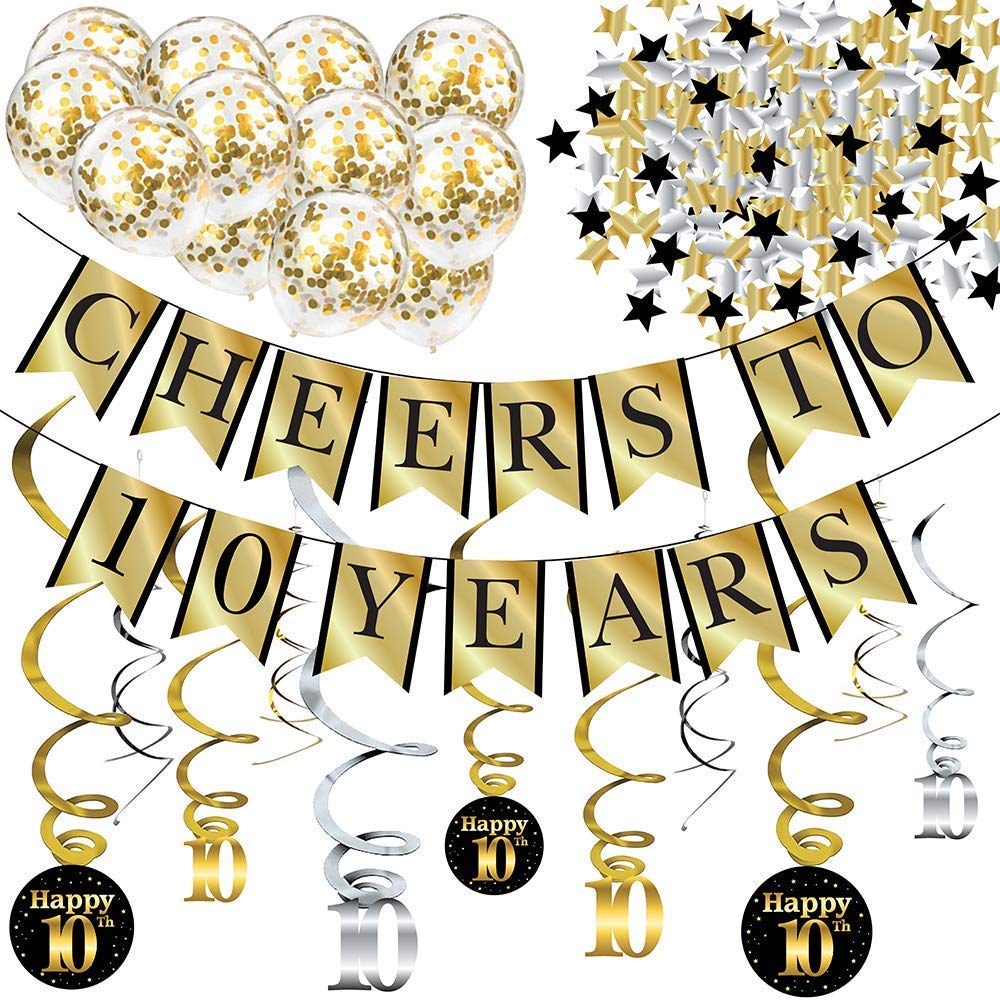 10th Birthday Party Decorations and Anniversary Pack - Cheers to 10 Years Banner, Balloons, Swirls and Confetti Party Supplies