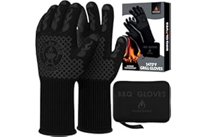 M MERCHENS Pro-Series BBQ Gloves - Heat Resistant Grill, Grilling, and Oven Gloves for Culinary Experts - Extreme Fireproof Protection, Silicone Grip, Extra Long Mitts - Indoor & Outdoor - with Protective case