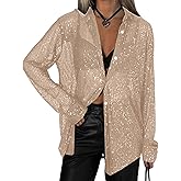 AMPOSSTO Womens Sequins Long Sleeve Collared Shirt Button Down Open Front Shirt Loose Blouses Shirst Tops