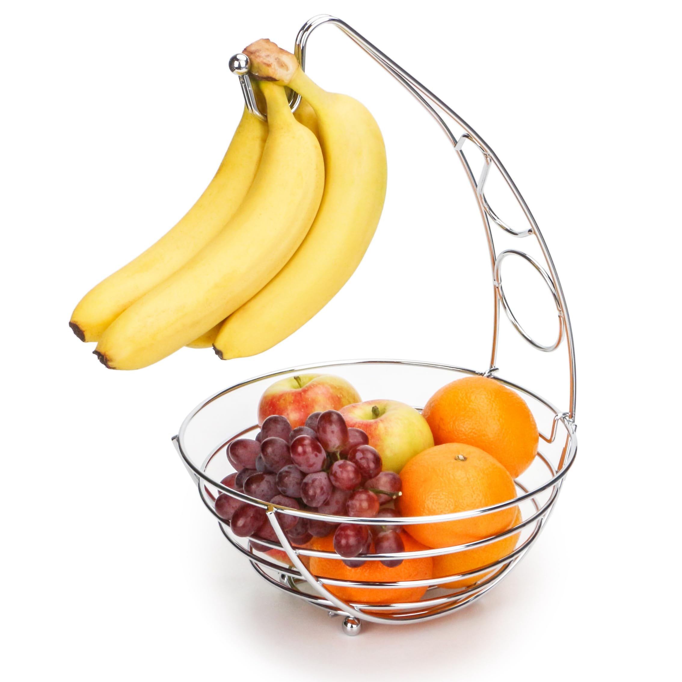EXZACT Fruit Basket with Banana Hook. 41cm Tall, Wired Fruit Rack,Banana Stand Hanger- Silvery Chrome