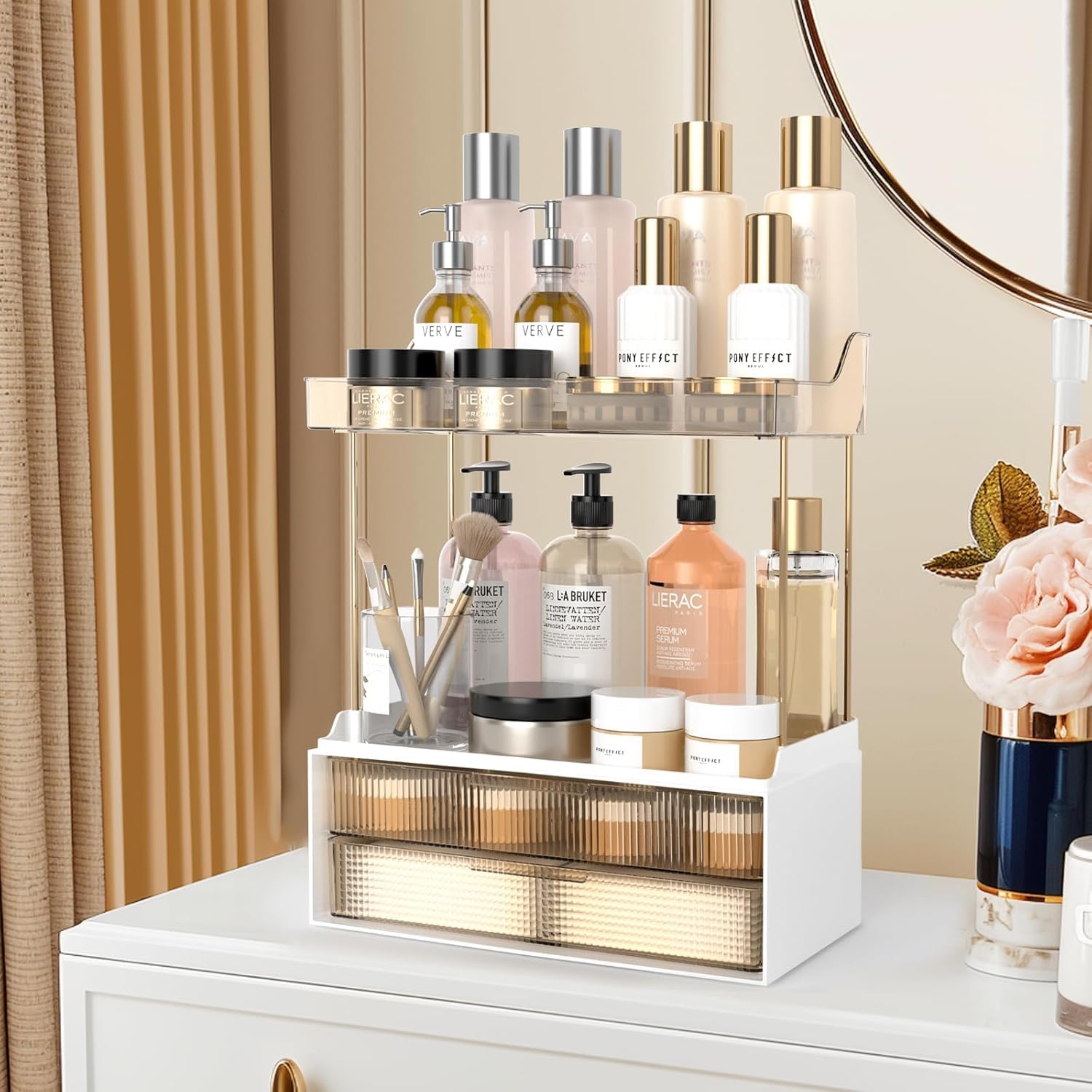 KJIXYUNG Amber Acrylic 2-Tier Makeup Organizer with 2 Drawers | High-Capacity Cosmetic & Skincare Storage, Jewelry Vanity Tray | Countertop & Bathroom Decor