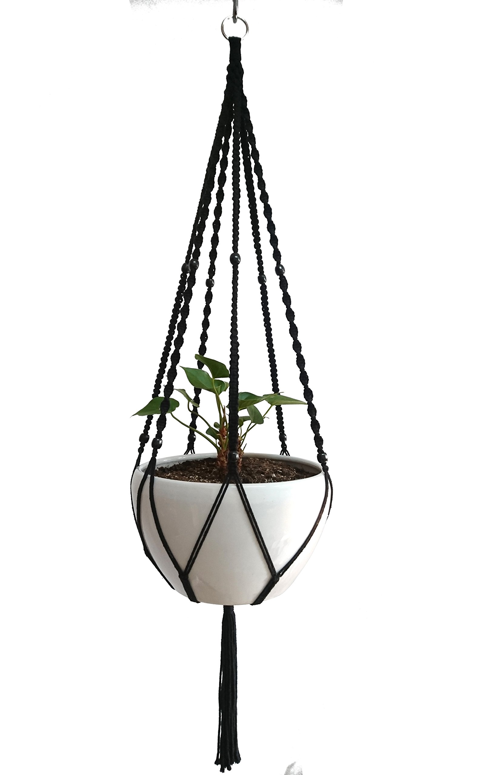 Plant Hanger Macrame Cotton 6 Legs 51 Inches in Tan and Green Color for Indoor Outdoor, Living Room, Kitchen, Deck, Patio, High and Low Ceiling with Size of 10-12 inches Without The Pot (Black)