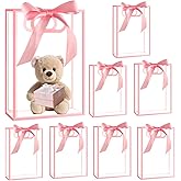 Zeivvnef 8 Pack Clear Gift Bags with Handles 7x10x3.15 Inches, Plastic Favor Bags with Ribbons, Reusable Party Gift Bags for Birthday Christmas Wedding (Pink)