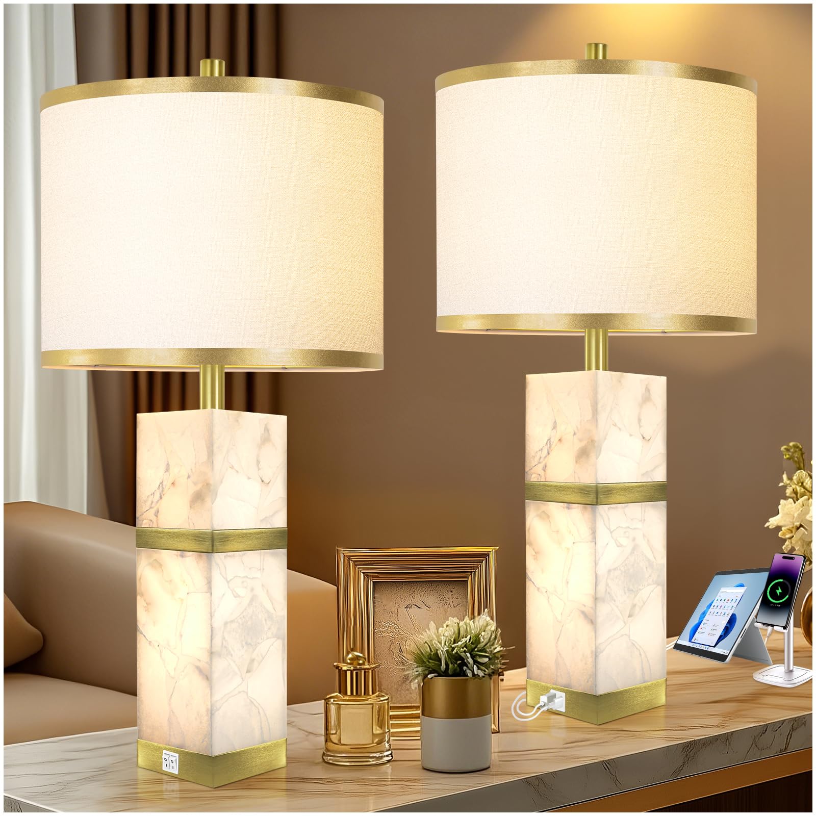 Photo 1 of Natural Alabaster Table Lamps Set of 2 - Table Lamp with Night Light for Bedroom,Nightstand Lamps with USB Ports,Bedside Lamps with Linen Fabric Shade for Living Room,Bedroom,Office,Bar(Bulb Included)