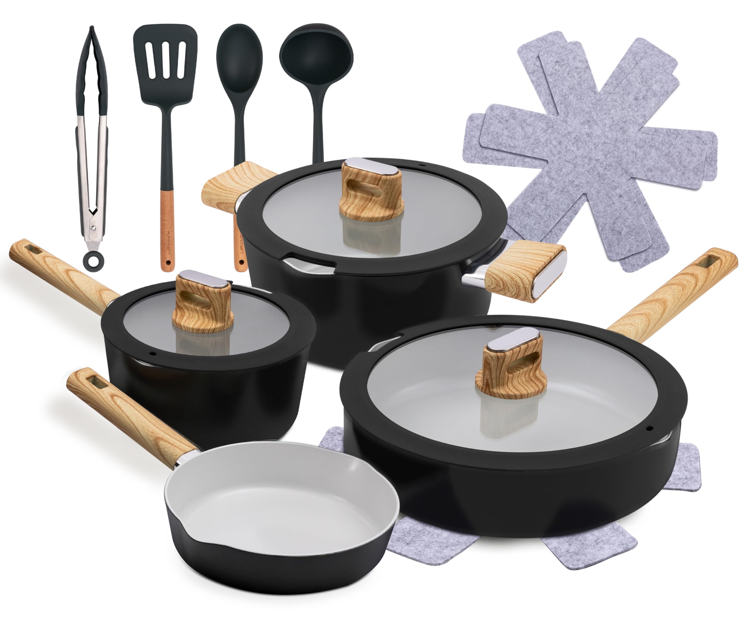NutriChef 14-Piece Non-Stick Ceramic Cookware Set - Induction Safe Pots and Pans with Glass Lids, Cool-Touch Handles, Even Heat Distribution, Dishwasher Safe, Includes Ladle, Tong, Spatula (Black) Image