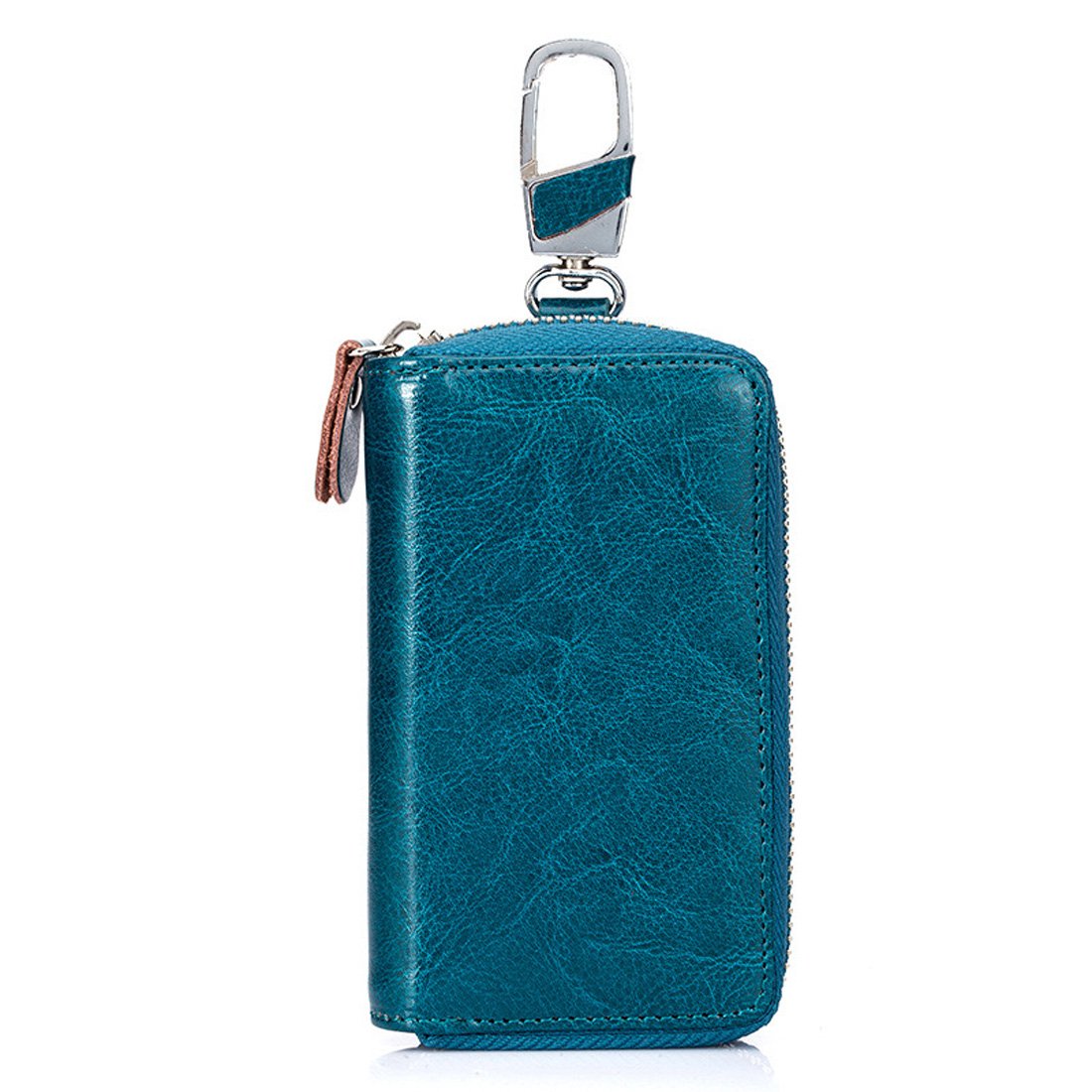 Genuine Leather Key Case Car Key Wallet with 12 Hook Zip Around Keychain Holder for Men and Women (Peacock Blue)