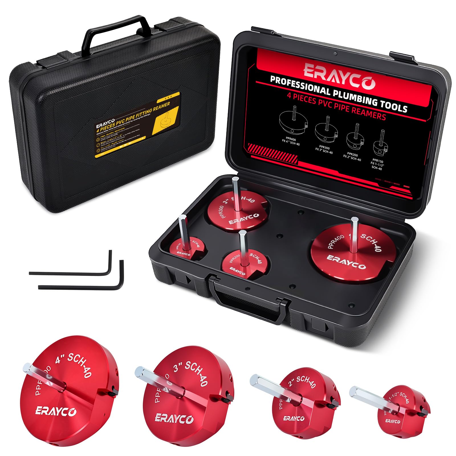 Photo 1 of ERAYCO 4PCS PVC Pipe Reamer Kit, Plastic Pipe Fitting Reamer Tool, Fit into Standard 1/2" Drills, PVC Fitting Saver for SCH40 PVC CPVC ABS Pipe (1-1/2'', 2'', 3'', 4'')
