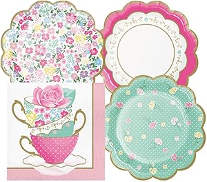 Floral Themed Tea Party Supply Pack Bundle Includes Paper Dessert Plates & Napkins for 16 Guests