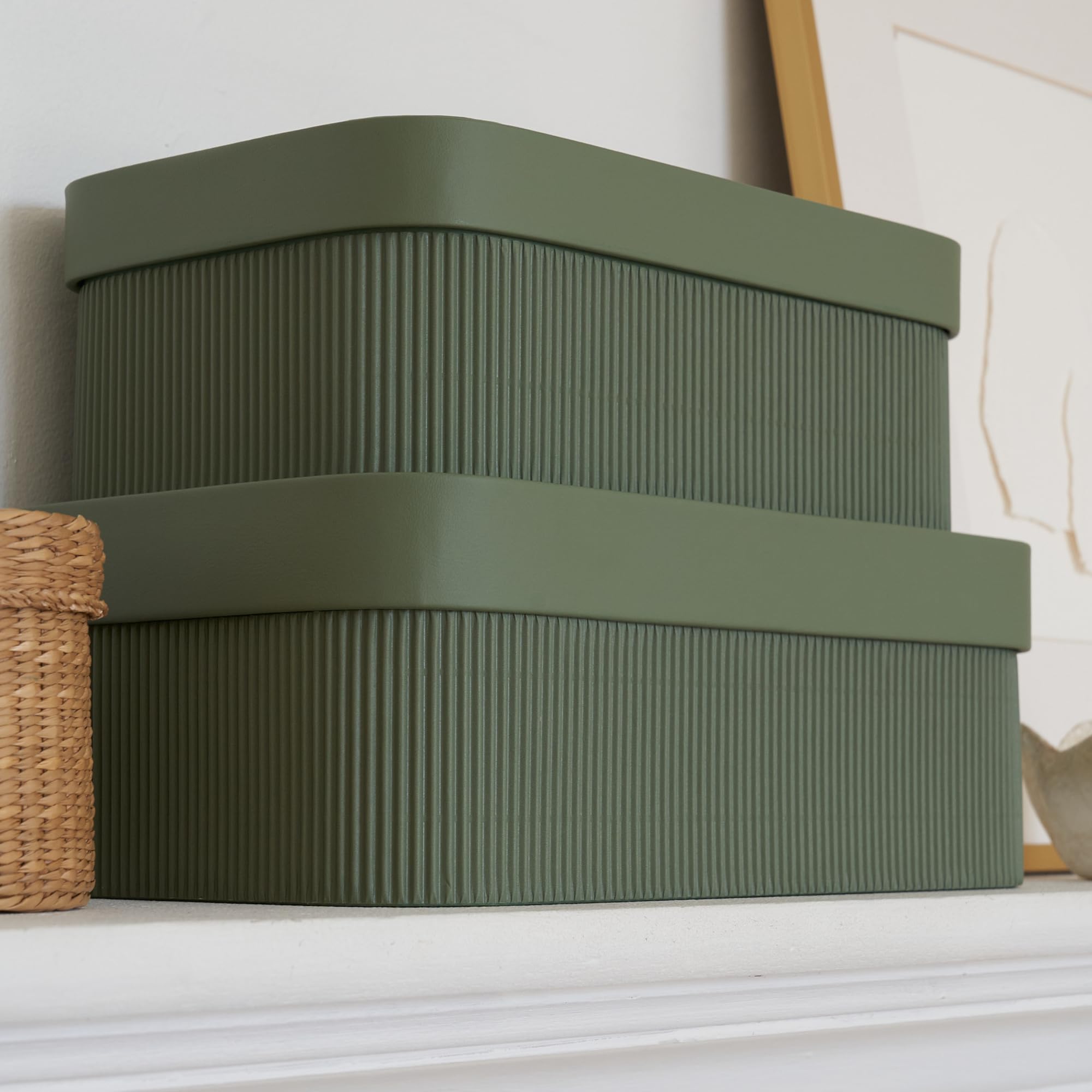 Photo 1 of Decorative Storage Boxes with Lids – Set of 2 Beautiful Fluted Cardboard Organizer Bins for Your Home Bookshelf Decor to Safely Store Your Documents, Memory Box Items and Other Keepsakes in Style