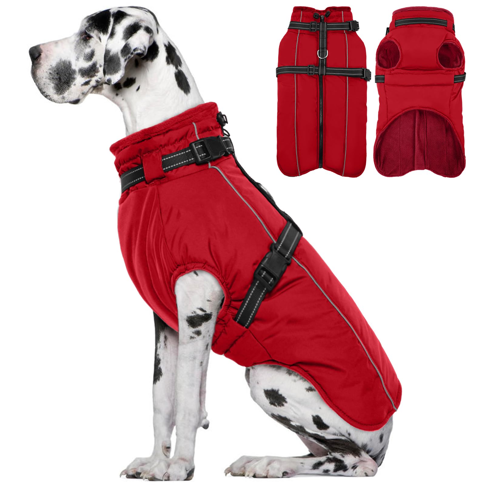 Lelepet Large Dog Coat With Harness - Warm Waterproof Fleece Jacket, Winter Reflective Vest Snow Suit for Labrador, Red 2XL