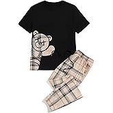 GORGLITTER Men's 2 Piece Outfits Bear Graphic Print Short Sleeve T-Shirt and Plaid Elastic Waist Pants Set
