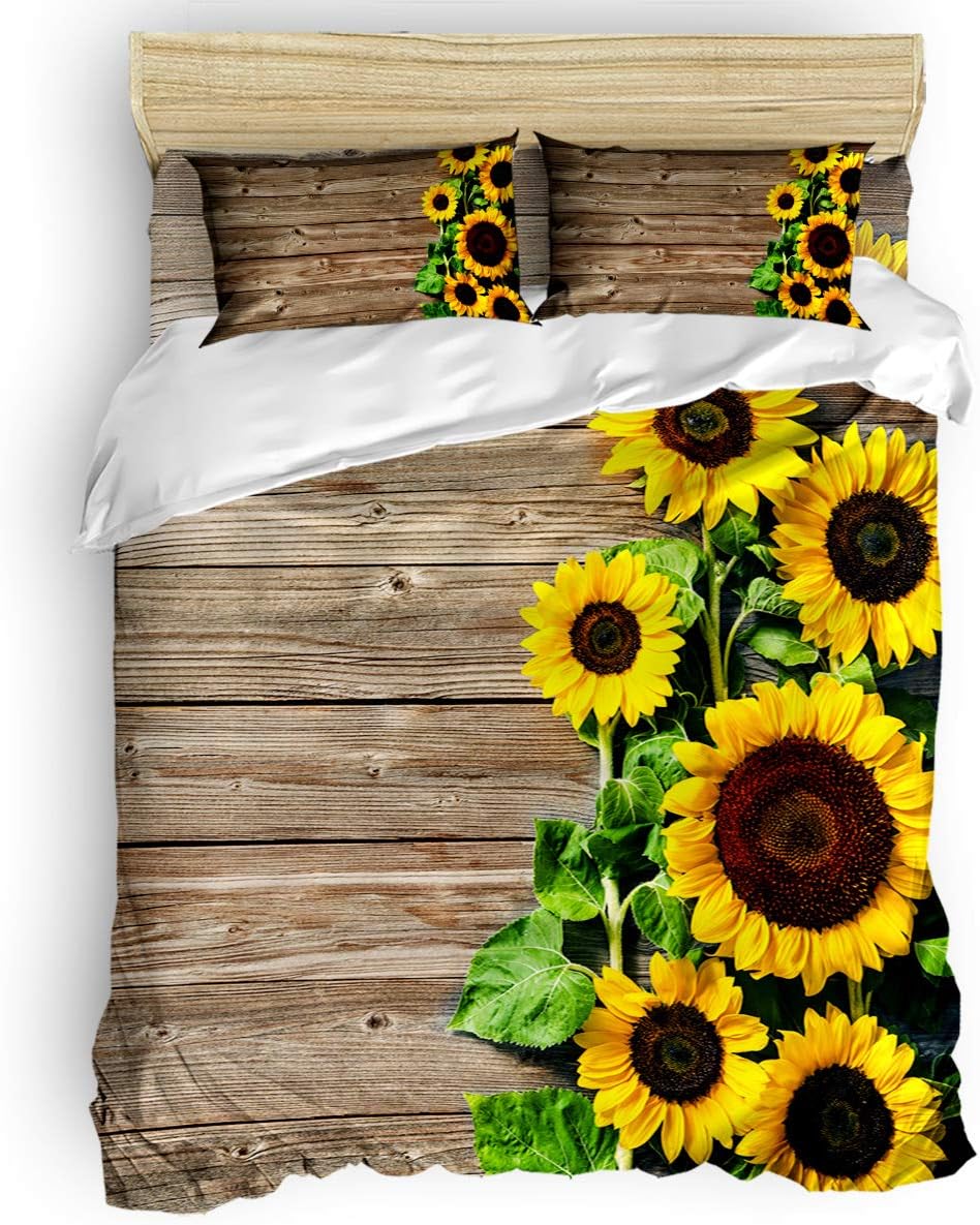 Chic Decor Home 3 Piece Bedding Sets Queen Size - Distressed Rustic Wood Sunflowers Duvet Quilt Cover Set for Childrens/Kids/Teens/Adults, 1 Quilt Cover with 2 Pillow Case, Floral