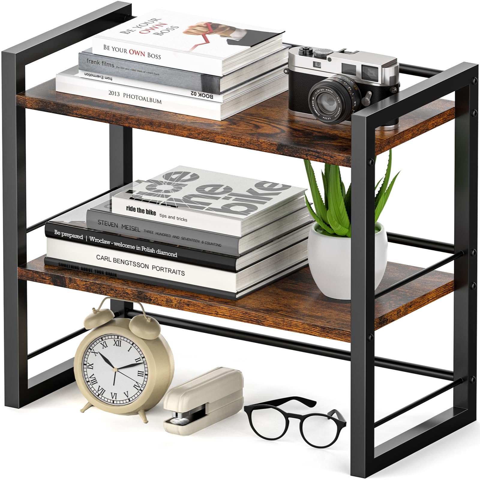 Photo 1 of ART-GIFTREE Office Desk Shelf Organizer, Wood Desktop Bookshelf Supplies Storage Rack, Shelf for Top of Desk and Dresser (Brown-2 Tier)