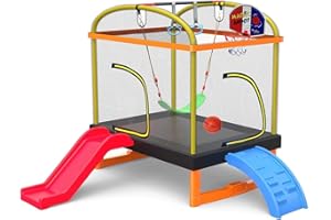 LANGXUN 6.5Ft 7-in-1 Rectangle Trampoline for Kids, with Climb, Slide, Swing, Basketball Hoop, Multi-Functional Indoor Outdoor Baby Toddler Mini Trampoline for Girls and Boys Birthday Gift, Age 1-10