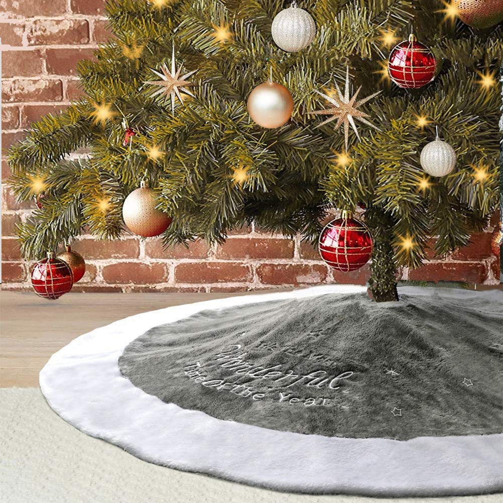 Dremisland 48" Luxury Faux Fur Christmas Tree Skirt with Snowflake Double Layers Soft Tree Skirt Base Tree Mat Base Cover for Xmas Holiday Party Decoration - Grey