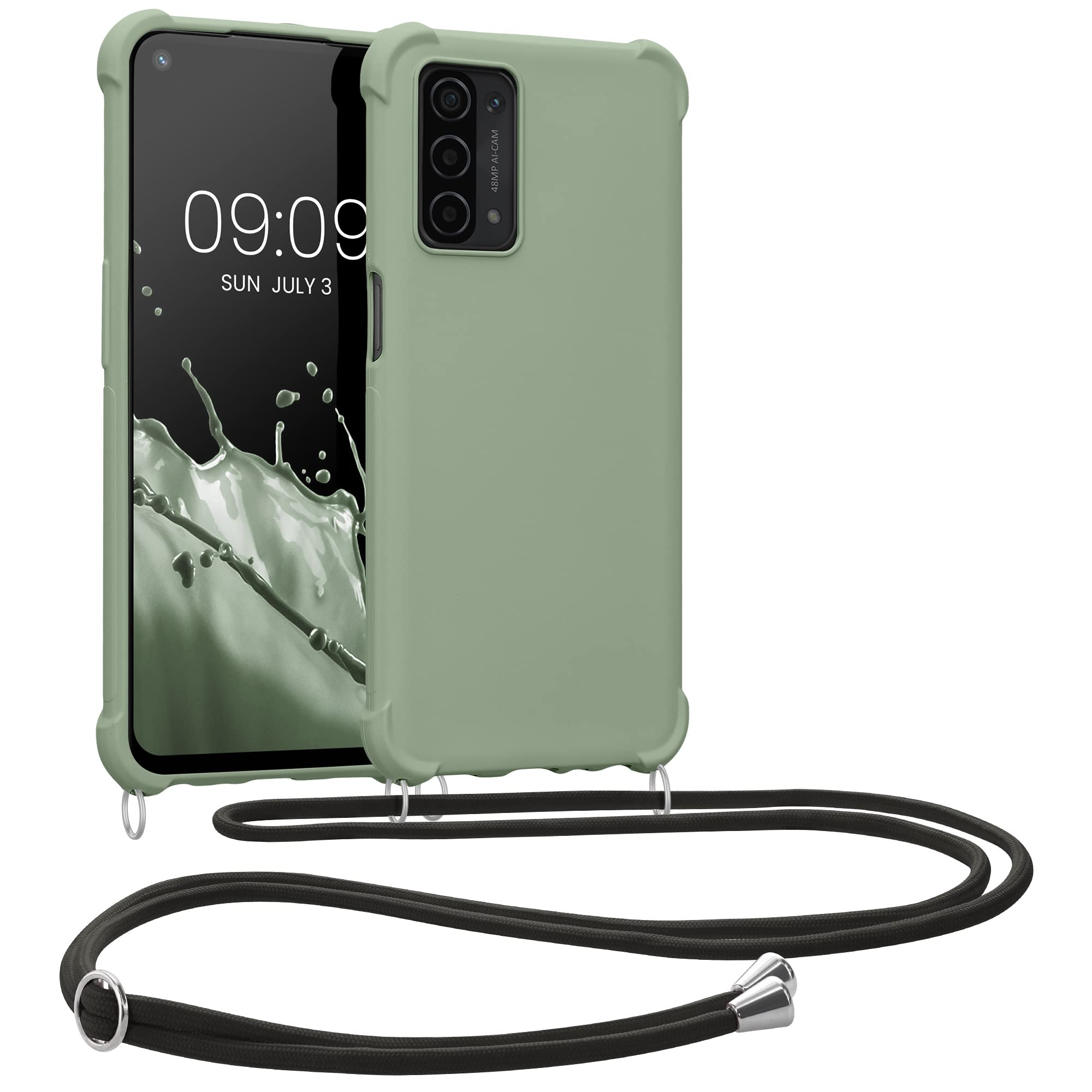kwmobile Crossbody Case Compatible with Oppo A74 (5G) / A54 (5G) Case - TPU Silicone Cover with Strap - Gray Green — image 1