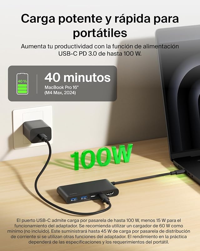 Hub USB C de 5 portas com 1 HDMI 4K a 60 Hz, entrega de energia a 100W, transferências de 5 Gbps, adaptador USB C multiporta, MacBook, iPad Pro, Chromebook e outros, HDMI 2.0 - Preto