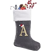 Sailup 20 Inches Monogram Christmas Stockings with Letters, Large Super Soft Christmas Stockings Grey Velvet with White Super Soft Plush Cuff for Christmas Xmas Tree Holiday Fireplace Grey