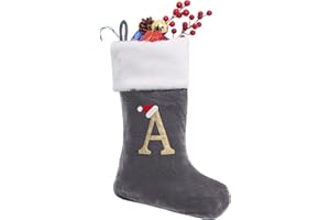 Sailup 20 Inches Monogram Christmas Stockings with Letters, Large Super Soft Christmas Stockings Grey Velvet with White Super Soft Plush Cuff for Christmas Xmas Tree Holiday Fireplace Grey