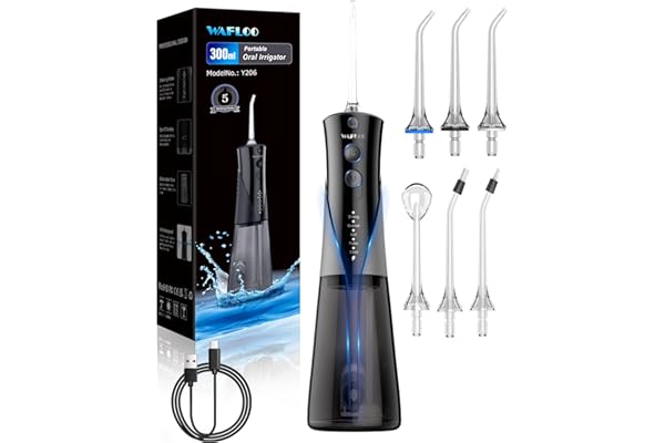 WAFLOO Water Flossers - Portable 300ML Larger Tank Waterflosser IPX7 Waterproof Floss for Home Travel, 5 Modes, 6 Flossing Ti