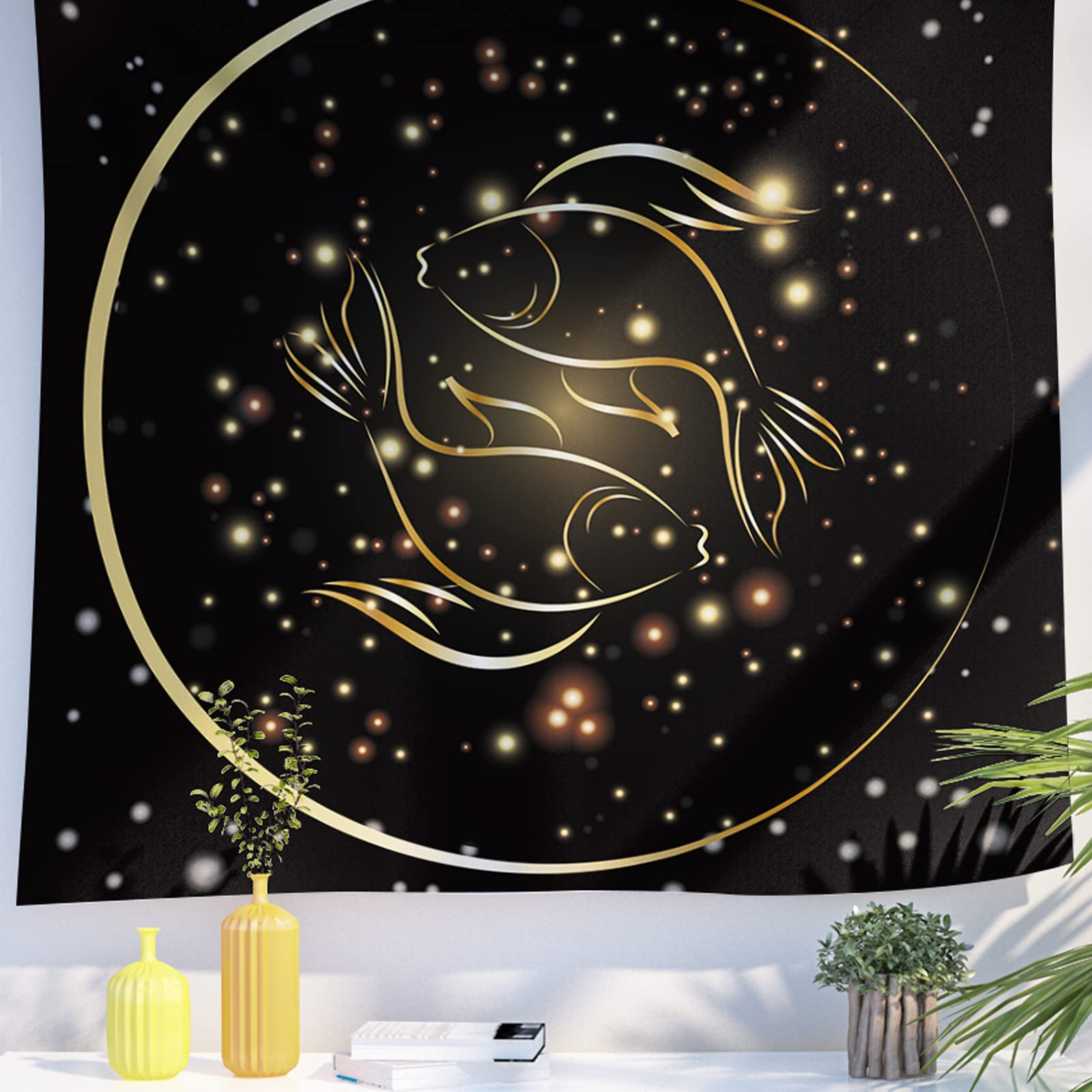 Berkin Arts Decor Tapestry with Gold Constellations Zodiac Signs Symbols Icons Wall Hanging Aesthetic Backdrop Pisces Pop Vintage Printed for Indoor Outdoor 51.2 x 59.1 Inch