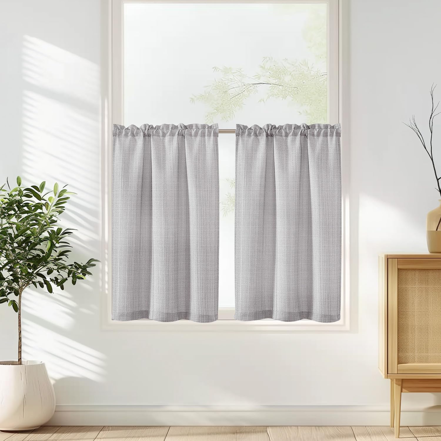TOPICK Grey Kitchen Curtains 24 Inch Drop Small Cafe Curtains Linen Textured Light Filtering Curtain Tiers for Bathroom Sink Rod Pocket 2 Panels