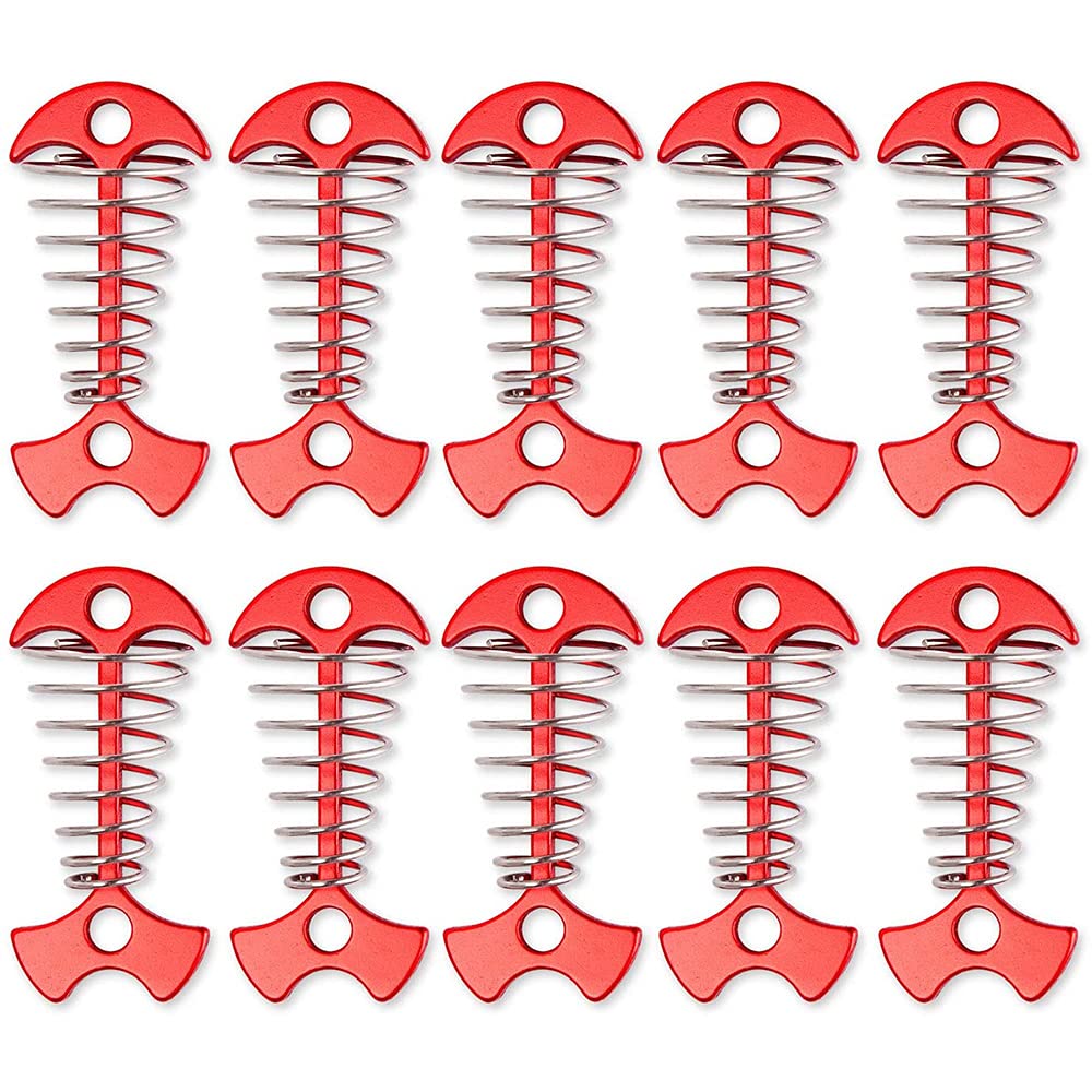 Alnicov 10Pcs Deck Plank Board Tent Stakes,Fishbone Deck Anchor Pegs with Spring Buckle for Outdoor Camping Hiking,Red