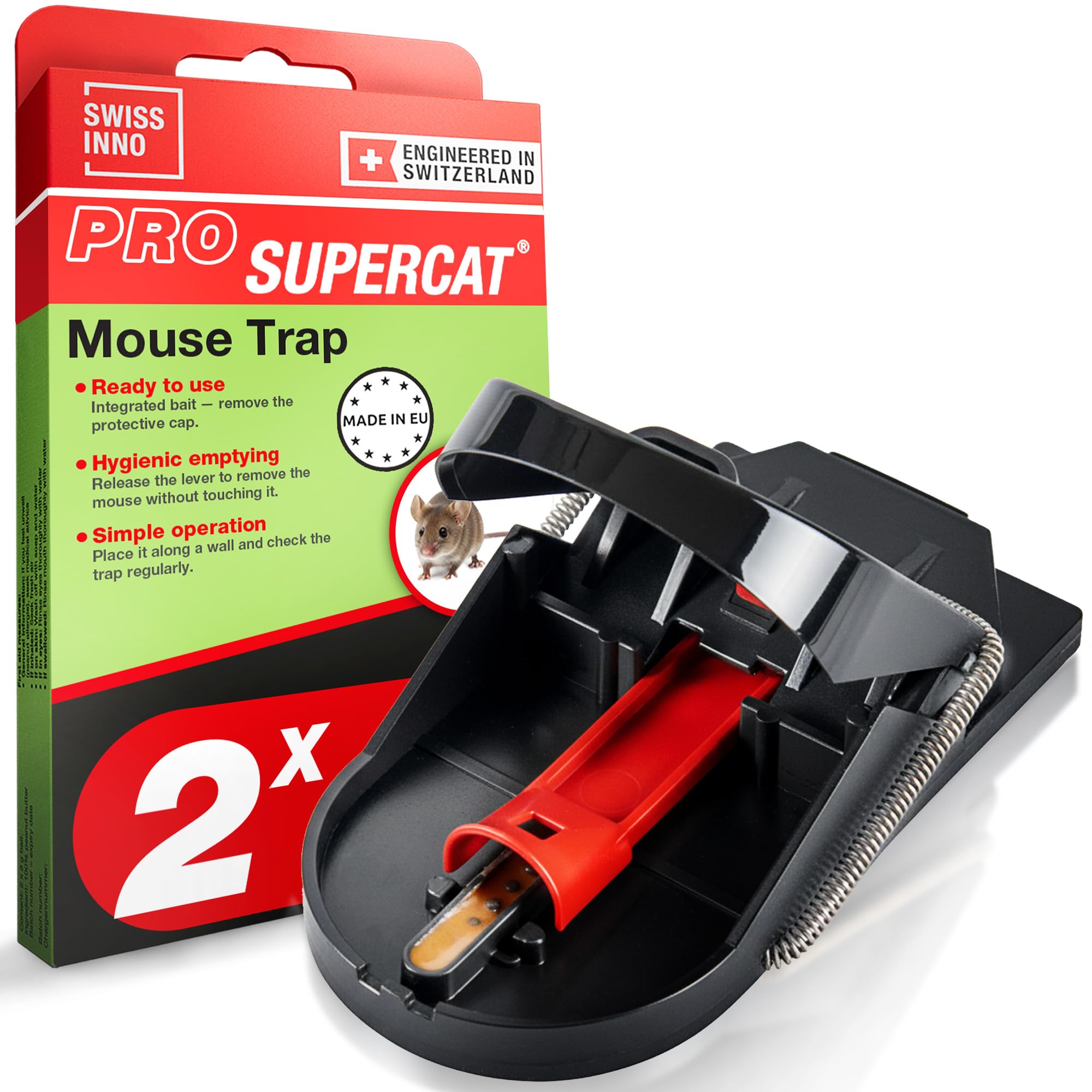 SWISSINNO Mousetrap PRO SuperCat - Efficient and Humane + Reusable mice traps with food bait - Catch + Kill instantly - Indoors + Outdoors Use: 2 Traps
