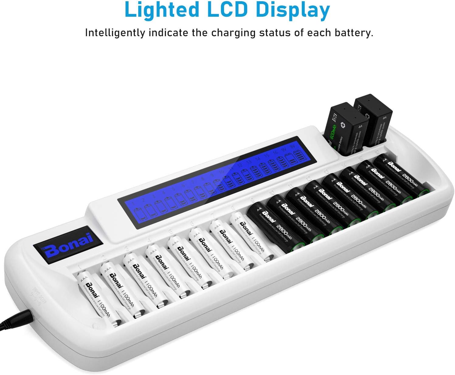 BONAI 16+2 Bay Smart Rechargeable Battery Charger with LCD Display for AA AAA NiMH NiCD Batteries & Li-ion 9V Rechargeable Batteries with AC Wall Adapter AAA aa Charger nimh Battery Charger: Home Audio & Theater