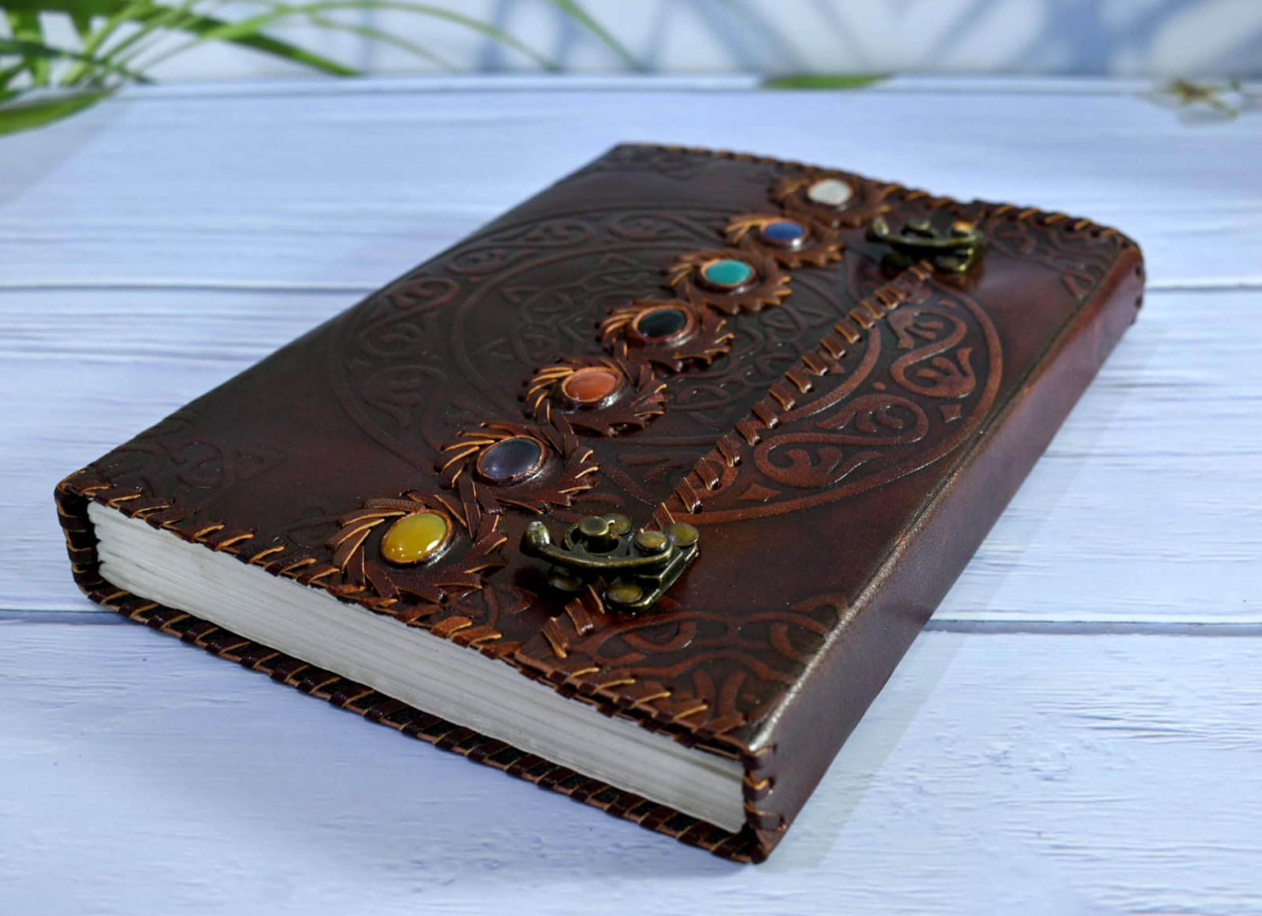 India House-Handmade Leather Journal Embossed Perfect for Calligraphy, Poetry, Guest Book or Instagram | With Macrame Bookmark