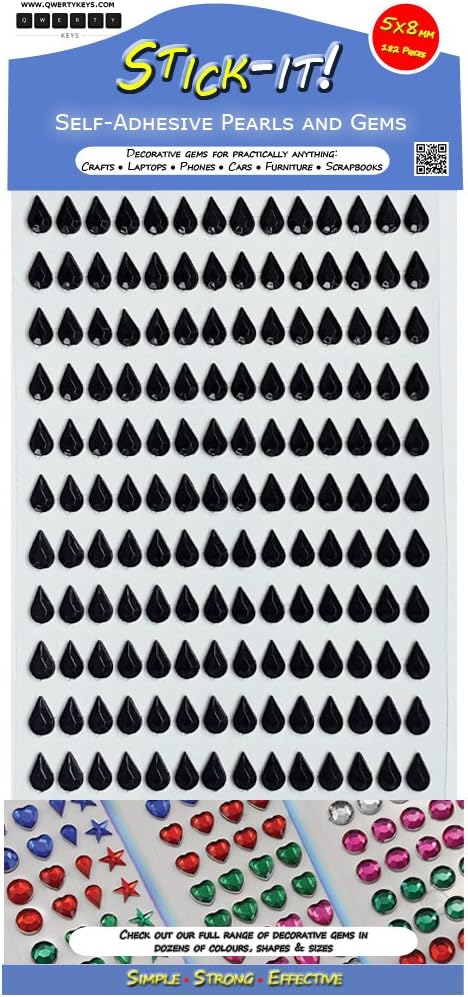 Tear Drop Shaped Rhinestone Sticky Stick On Self Adhesive Diamante Coloured Crystal Gems - Black 5 x 8 mm (182 Gems)