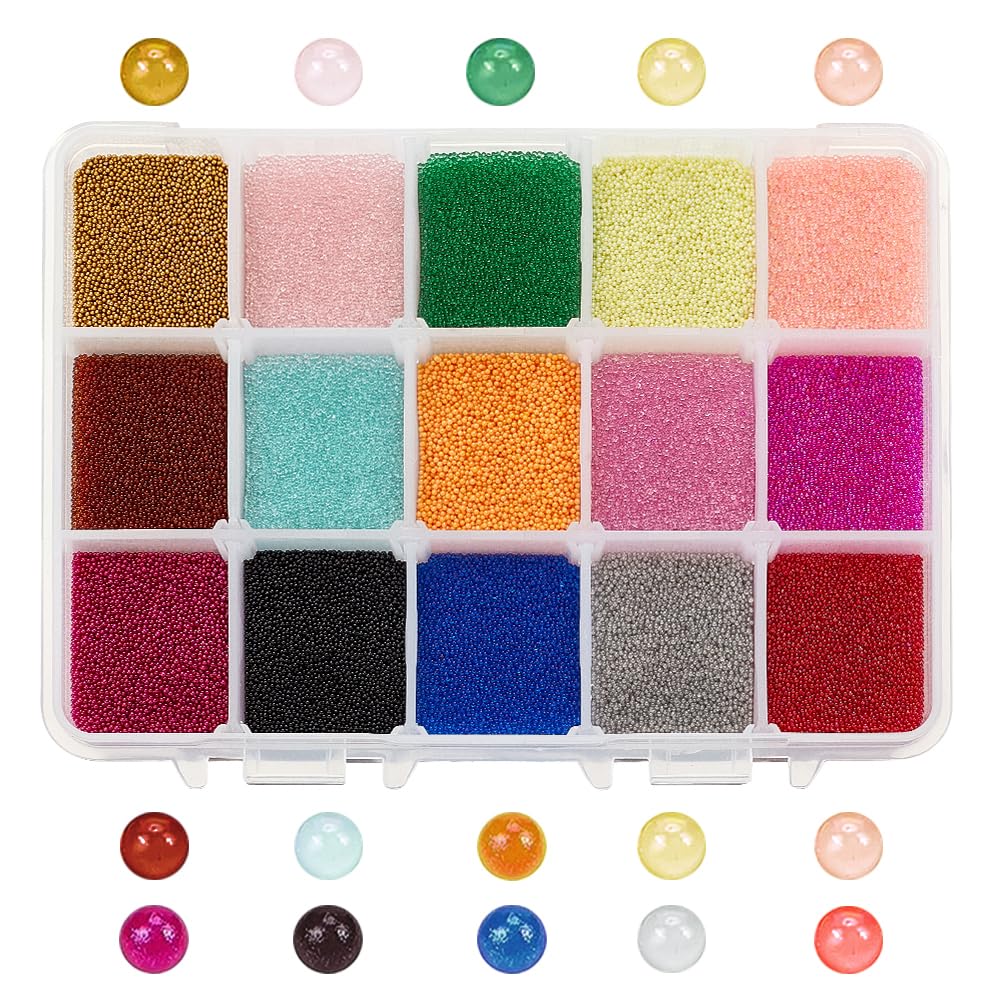 OLYCRAFT 300g 0.6~0.8mm Glass Bubble Bead Micro Caviar Beads Iridescent Water Droplets Bubble Beads Tiny Glass Bead for Resin Crafting and Nail Arts-15 Colors