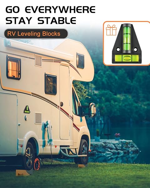RV LEVELING BLOCKS RAMP KIT, 2 PACKS CAMPER LEVELER SYSTEM FOR TRAVEL WITH TWO CHOCKS, 2 ANTI-SLIP MATS, 1T BUBBLE LEVEL AND CARRY BAG, UP TO 35000 LBS, EASIER & FASTER TO LEVEL CAMPER-ORANGE