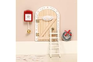 Mamimami Home Festival Wooden Little Magical Fairy Door, Elf Miniature Tiny Door with Ladder and Wreath, Tooth Fairy Door Handmade Christmas Decorations