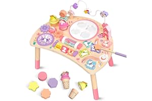 Wooden Activity Table for Toddlers 1-3, Unicorn 10-in-1 Montessori Busy Board with Bead Maze Shape Matching Gears Clock, Sens