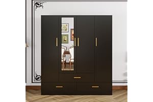 Keloyid Armoire Wardrobe Closet & Cabinet with Mirror - 4 Door Wooden Armoire Wardrobe for Large Capacity Clothes Storage with Shelves and Hanging Rail, Black
