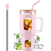 WINSA Glass Tumbler with Straw and Lid, 40 oz glass cup with handle, Glass Water Bottles with Time Marker, Silicone Protective Sleeve-Pink