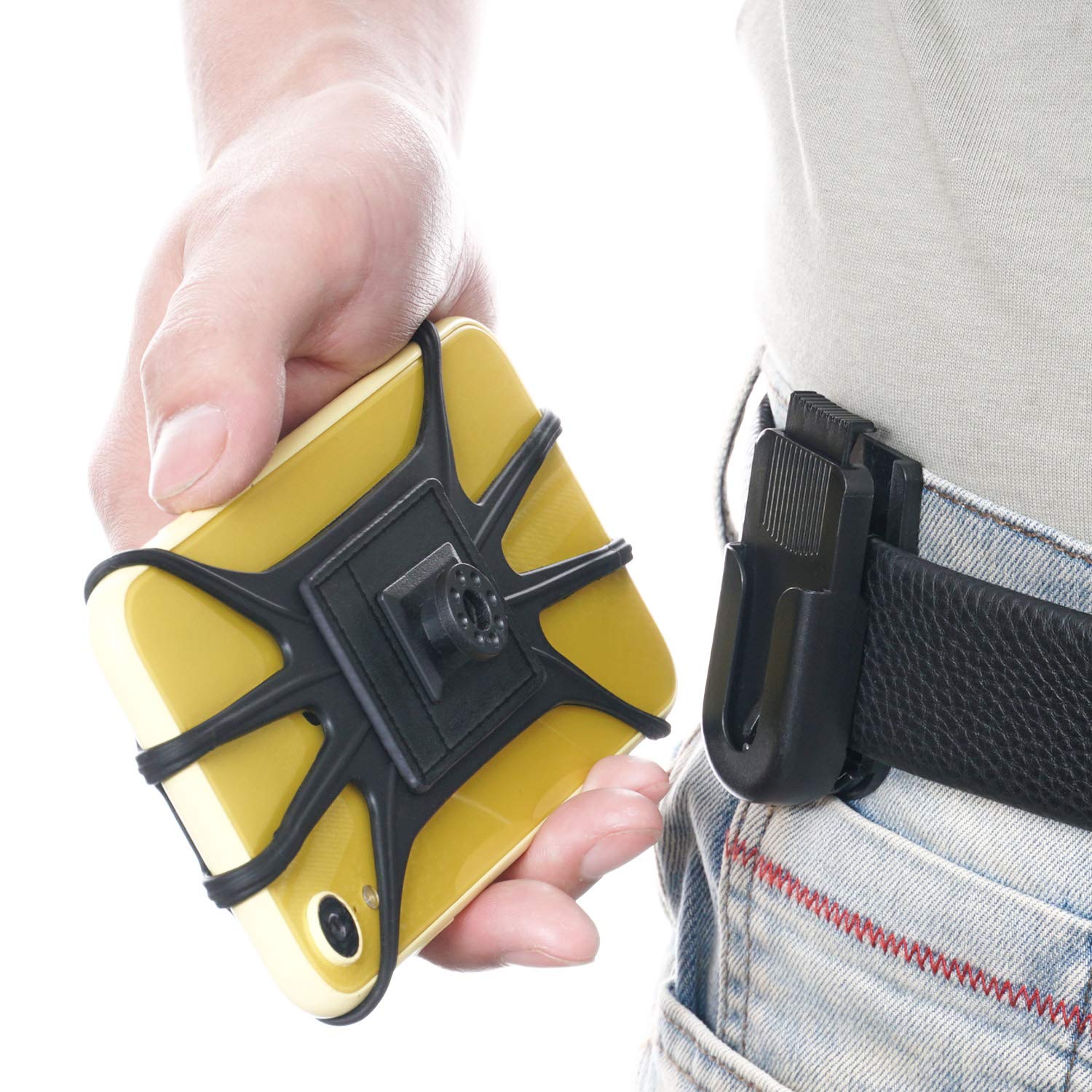 SUNHOME Universal Phone Belt Clip Holder with Silicon Holding Net for iPhone 13 12 11 Pro Max, Galaxy,4.5-6.5 inch Phones - Black