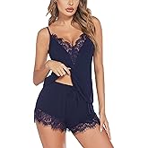 Avidlove Women Pajama Set Lace Trim Short PJ Set Modal V Neck Sleeveless Sleepwear Drawstring Waist Nightwear S-XXL