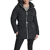 DKNY womens Short Hooded Puffer Jacket With Belt – Quilted Waist-defining Winter Coat