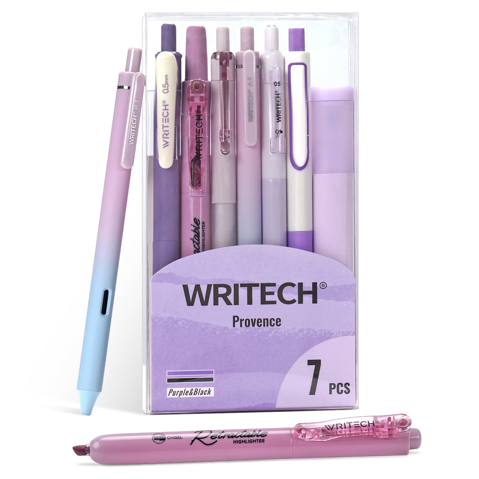 Photo 1 of WRITECH Gel Pens Journaling Highlighters: Journal Set Aesthetic Assorted Pastel Color Ink 0.5mm Fine Point Retractable 0.7mm Black Pen Smooth Writing Drawing No Bleed 7ct (Purple)
