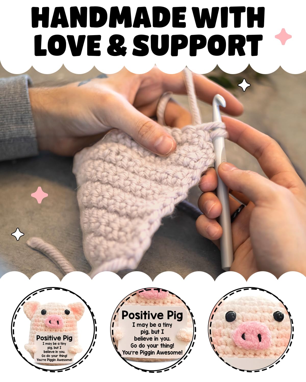 Funny Positive Crochet Pig Gifts for Women Friends Female, Pink Mini Handmade Emotional Support Plush Pig Decor, Cute Mothers Day Birthday Gifts