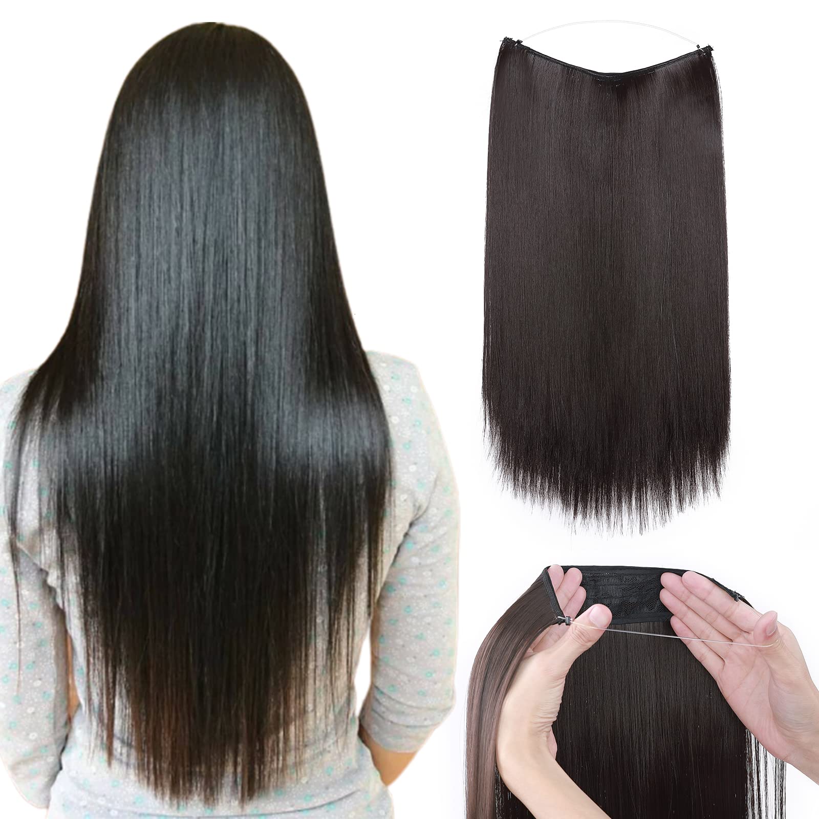 Wire in Hair Extensions Long Straight Hairpiece No Clip Synthetic Hair Wire on String (Dark Brown; 16inches)