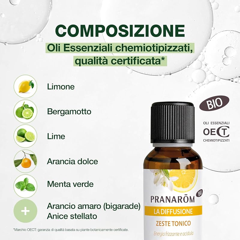 Pranarôm - La Diffusione - Fragranza per ambienti biologica - Zeste Tonico - Oli Essenziali per Diffusione - Limone e Bergamotto - Fragranza frizzante e piccante - 30 ml