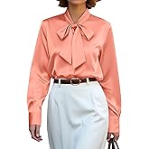 CBOO Women's Bow Tie Neck Button Down Shirts Silk Blouses Long Sleeve Elegant Satin Blouse Casual Dressy Business Tops
