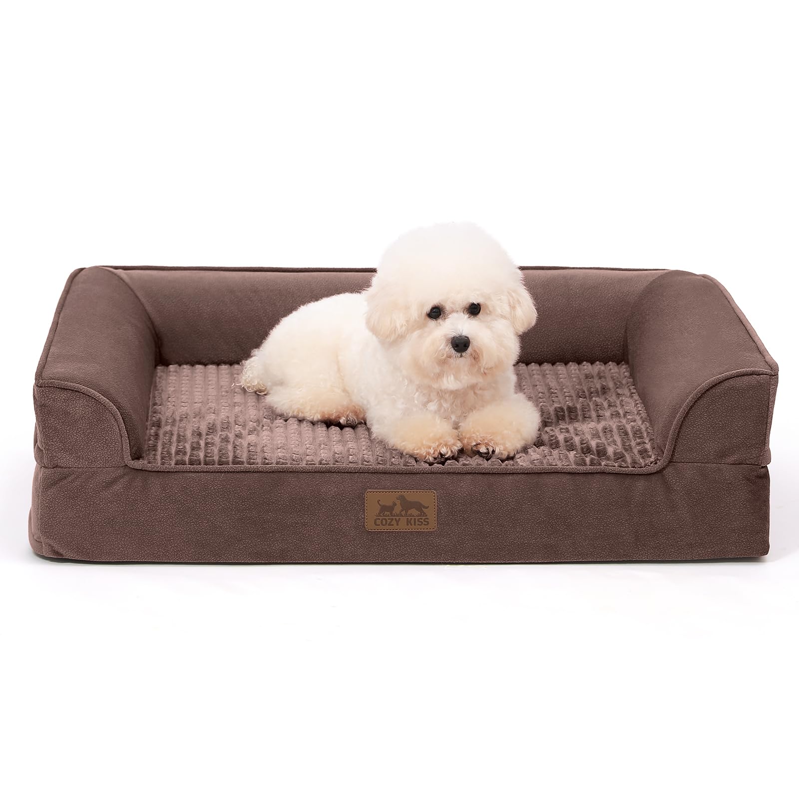 Photo 1 of COZY KISS Orthopedic Dog Beds for Medium Size Dog, Pet Couch for Dog Cat, Supportive Foam Bolster Sofa with Waterproof Lining Cover, Anti-Slip, Comfort, Washable, 30x20x7.5 in, U Shape, Brown